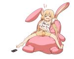  1girl =_= ahoge angry arm_up armpit_peek bangs bare_legs barefoot bean_bag_chair blonde_hair blush candy closed_eyes clothes_writing collarbone controller eyebrows_visible_through_hair feet food food_in_mouth futaba_anzu highres idolmaster idolmaster_cinderella_girls lollipop long_hair low_twintails luke_(dydansgur) midriff_peek open_mouth orange_shorts oversized_clothes oversized_shirt reaching remote_control scratching shirt shorts sidelocks simple_background sitting slouching solo spread_legs striped striped_shorts stuffed_animal stuffed_bunny stuffed_toy sweatdrop t-shirt toes twintails white_background white_shirt 