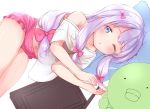  1girl ;o blue_eyes blush bow eromanga_sensei hair_bow izumi_sagiri kashiwamochi_roko lavender_hair long_hair looking_at_viewer lying on_side one_eye_closed pink_bow shirt simple_background solo stuffed_animal stuffed_octopus stuffed_toy stylus t-shirt tablet_pc white_background 