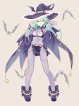  1girl bat bodysuit boots breasts cape cleavage date_a_live facing_viewer green_eyes green_hair hand_behind_head hands_up hat highres jewelry long_hair medium_breasts natsumi_(date_a_live) navel see-through star star_print white_l witch_hat 