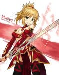  1girl :d blonde_hair breasts character_name collarbone commentary_request detached_collar detached_sleeves fate/apocrypha fate_(series) green_eyes grin groin holding holding_sword holding_weapon looking_at_viewer navel npcpepper open_mouth ponytail saber_of_red simple_background small_breasts smile solo sword thigh-highs weapon 