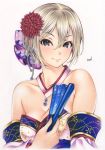  1girl bare_shoulders blue_sash breasts cleavage collarbone colored_pencil_(medium) detached_collar detached_sleeves earrings fan floral_print flower folding_fan grey_eyes grey_hair hair_between_eyes hair_flower hair_ornament highres idolmaster idolmaster_cinderella_girls idolmaster_cinderella_girls_starlight_stage inuono_mama japanese_clothes jewelry kimono looking_at_viewer medium_breasts pendant shiomi_shuuko short_hair signature simple_background smile solo traditional_media white_background white_kimono 