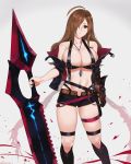  1girl absurdres ahoge bandeau bare_shoulders black_jacket breasts brown_eyes brown_hair collarbone cosplay hair_over_one_eye highres holding holding_sword holding_weapon jacket jewelry kono_subarashii_sekai_ni_shukufuku_wo! laevateinn_(phantom_of_the_kill) laevateinn_(phantom_of_the_kill)_(cosplay) large_breasts long_hair looking_at_viewer navel off_shoulder open_clothes open_jacket parted_lips pendant phantom_of_the_kill revealing_clothes sendrawz short_shorts shorts single_gauntlet solo stomach sword thighlet weapon wiz_(konosuba) 