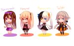  4girls :&lt; absurdres belt black_hair black_legwear blue_eyes bow brown_hair chibi detached_sleeves hair_bow hair_ribbon heterochromia highres honeyred_(kurenai907) kurenai907 marrycross_(kurenai907) multicolored_hair multiple_girls natsumurasaki_(kurenai907) original purple_bow red_eyes ribbon sailor_collar sleeveless striped striped_legwear thigh-highs twilight_(kurenai907) twintails two-tone_hair violet_eyes white_hair white_legwear yellow_eyes 