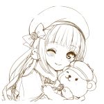  1girl blush bow catbell hat long_hair looking_at_viewer monochrome one_eye_closed simple_background sketch smile white_background 