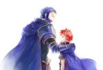  2boys armor beard blue_eyes blue_hair cape closed_eyes facial_hair fire_emblem fire_emblem:_fuuin_no_tsurugi fire_emblem:_rekka_no_ken gloves headband hector_(fire_emblem) kuzumosu male_focus multiple_boys older redhead roy_(fire_emblem) short_hair smile 