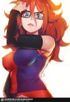  1girl android_21 black-framed_eyewear breasts detached_sleeves dragon_ball dragon_ball_fighterz earrings erica_june_lahaie glasses hoop_earrings impossible_clothes jewelry long_hair looking_at_viewer medium_breasts smile solo 