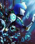  1girl air_bubble blue_eyes bubble looking_to_the_side mirinae6217 profile robot rockman splash_woman underwater 