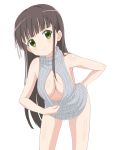  1girl bangs bare_arms bare_shoulders blunt_bangs breasts brown_hair cleavage cleavage_cutout closed_mouth commentary_request cowboy_shot dress eyebrows_visible_through_hair flower gochuumon_wa_usagi_desu_ka? green_eyes grey_sweater hair_flower hair_ornament hand_on_hip highres leaning_forward long_hair looking_at_viewer medium_breasts meme_attire no_bra ribbed_sweater ribbon simple_background sleeveless sleeveless_turtleneck smile solo standing sweater sweater_dress trg-_(sain) turtleneck turtleneck_sweater ujimatsu_chiya virgin_killer_sweater white_background white_flower white_ribbon 