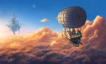  above_clouds aircraft airship blue_sky clouds cloudy_sky commentary_request crescent_moon doora_(dora0913) fantasy floating_island moon multiple_moons original outdoors scenery sky star_(sky) starry_sky tower 