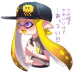  1girl blonde_hair blue_eyes commentary crazy_eyes domino_mask fangs hat highres inkling mask monster_girl pointy_ears puchiman shirt splatoon sweat t-shirt tentacle_hair translated 