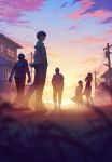  2girls 3boys backlighting bag clouds from_below grass hair_tousle hand_up hands_in_pockets hiko_(scape) hill house long_hair multiple_boys multiple_girls original power_lines road school_bag school_uniform short_hair sky street sunset telephone_pole wind 