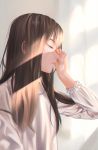  1girl bangs brown_hair closed_mouth day from_side highres lips litra_(ltr0312) long_hair long_sleeves pink_lips sleepy solo sunlight upper_body waking_up 