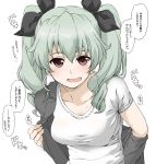  1girl alternate_costume anchovy black_ribbon drill_hair elf_(stroll_in_the_woods) eyebrows_visible_through_hair girls_und_panzer green_hair hair_between_eyes hair_ribbon highres looking_at_viewer red_eyes removing_jacket ribbon solo thought_bubble translation_request twin_drills twintails white_background 