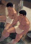 2boys abs basin black_hair brown_eyes collarbone dainyuu_(dgls) dutch_angle from_above hand_holding hand_on_own_thigh looking_at_another male_focus multiple_boys muscle naked_towel navel onsen original pectorals smile sweatdrop towel 