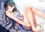  1girl artist_name bangs bare_legs barefoot black_hair blurry blush book breasts camisole depth_of_field eyebrows_visible_through_hair feet highres holding holding_book horikita_suzune legs long_hair looking_at_viewer medium_breasts parted_lips smile solo tsurime underwear violet_eyes youkoso_jitsuryoku_shijou_shugi_no_kyoushitsu_e yu_yu 