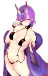  1girl absurdres breasts fafas68 fate/grand_order fate_(series) hair_ornament highres horns japanese_clothes kimono looking_at_viewer navel one_eye_closed oni purple_hair revealing_clothes shuten_douji_(fate/grand_order) simple_background solo violet_eyes white_background 