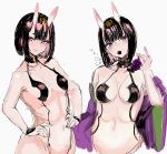  2girls bare_shoulders black_hair blush breasts cleavage fafas68 fate/grand_order fate_(series) food fruit grapes hair_ornament hands_on_hips japanese_clothes kimono looking_at_viewer multiple_girls navel oni revealing_clothes shuten_douji_(fate/grand_order) sketch 