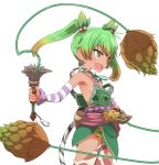  1girl :d bare_shoulders breasts brown_eyes brown_hair commentary_request copyright_request cowboy_shot detached_sleeves dual_wielding earrings fang from_side gradient_hair green_hair highres holding holding_weapon holding_whip jewelry multicolored_hair necklace no_bra open_mouth overalls simple_background small_breasts smile solo standing striped_sleeves striped_tail sumiyao_(amam) tail tooth_necklace weapon whip white_background 