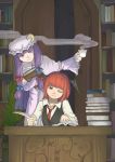  2girls alternate_hair_length alternate_hairstyle bangs bat_wings blunt_bangs book book_hug book_stack bookshelf capelet collared_shirt crescent crescent_moon_pin cup desk door dress dress_shirt eyelashes foresty frown hair_ribbon hat head_wings highres holding holding_book inkwell koakuma leaning_to_the_side library long_hair long_sleeves mob_cap multiple_girls necktie one_eye_closed open_book open_door patchouli_knowledge plant potted_plant purple_dress purple_hair quill red_eyes red_necktie redhead ribbon role_reversal shirt short_hair sitting smile standing steam striped striped_dress teacup touhou tress_ribbon very_long_hair vest violet_eyes voile white_shirt wide_sleeves wings writing 