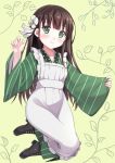  1girl ama_usa_an_uniform apron bangs black_footwear blunt_bangs boots brown_hair commentary_request eyebrows_visible_through_hair flower full_body getou gochuumon_wa_usagi_desu_ka? green_eyes green_kimono hair_flower hair_ornament japanese_clothes kimono long_hair long_sleeves looking_at_viewer maid_apron polka_dot_trim ribbon solo striped striped_kimono ujimatsu_chiya white_apron white_flower white_ribbon wide_sleeves 