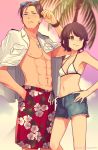  10s 1boy 1girl abs admiral_(kantai_collection) bikini bikini_top brown_eyes brown_hair deco_(geigeki_honey) denim denim_shorts grey_eyes highres kantai_collection male_swimwear military_jacket miyuki_(kantai_collection) palm_tree short_hair shorts smile sunglasses swim_trunks swimsuit swimwear tree 