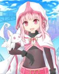  1girl black_gloves cityscape cloak gloves highres hood hood_up hooded_cloak kyubey magia_record:_mahou_shoujo_madoka_magica_gaiden magical_girl mahou_shoujo_madoka_magica navel open_mouth pink_eyes pink_hair skirt smile tamaki_iroha 