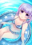  1girl bikini blue_bikini breasts chestnut_mouth from_above highres innertube long_hair looking_at_viewer looking_up new_game! partially_submerged plaid plaid_bikini purple_hair sasha_chii sitting small_breasts solo suzukaze_aoba swimsuit twintails violet_eyes water 