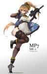  1girl black_gloves black_legwear boots breasts brown_hair commentary covered_navel full_body girls_frontline gloves gun hair_ornament headset highres holding holding_gun holding_weapon leotard long_hair medium_breasts mole mole_under_eye one_leg_raised original sky_of_morika solo thigh-highs very_long_hair violet_eyes weapon 