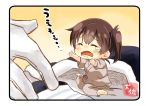  10s 1girl absurdres admiral_(kantai_collection) artist_name blanket brown_hair chibi closed_eyes commentary_request frown futon gloves hands highres japanese_clothes kaga_(kantai_collection) kantai_collection minigirl open_mouth orange_background outstretched_arms pajamas short_hair side_ponytail sitting taisa_(kari) tears upset wariza white_gloves 