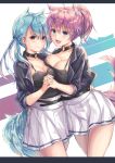  &gt;:) 2girls :d alternate_costume animal_ears aoba_(azur_lane) aoba_(azur_lane)_(cosplay) aoba_(kantai_collection) arm_around_waist asymmetrical_docking azur_lane bangs black_jacket black_shirt blue_eyes blue_hair blush breast_press breasts brown_eyes buckle cleavage closed_mouth collar cosplay cowboy_shot crossover eyebrows_visible_through_hair fox_ears fox_tail hand_on_another&#039;s_hip highres interlocked_fingers jacket kantai_collection kemonomimi_mode large_breasts letterboxed long_hair looking_at_viewer low_twintails matching_outfit medium_breasts multiple_girls namesake open_clothes open_jacket open_mouth pink_hair pleated_skirt revision shirt short_hair skirt smile standing tail tama_satou tareme twintails white_skirt 