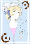  1girl bangs blonde_hair blue_background closed_mouth commentary_request hat headphones highres horizontal_pupils horns jaco logo looking_at_viewer media_player monochrome original pale_color portrait short_hair solo yellow_eyes 