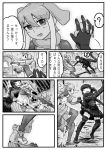  !? 2girls ? afterimage animal_ears bare_back bikini_top boots bridal_gauntlets comic crossover dancing elephant_ears elephant_tail extra_ears godzilla greyscale hair_between_eyes hand_holding highres indian_elephant_(kemono_friends) indoors interlocked_fingers kemono_friends kishida_shiki looking_at_another monochrome motion_lines multiple_girls navel o_o open_clothes open_mouth personification pulling ribs shin_godzilla shirt short_hair skirt smile spoken_question_mark standing stomach stomping tail thigh-highs thigh_boots translation_request zettai_ryouiki 