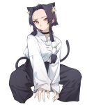 1girl animal_ears black_choker black_hair black_pants braid cat_ears cat_girl cat_tail choker closed_mouth cropped_legs ear_piercing extra_ears forehead highres jewelry kamatpit long_hair long_sleeves looking_at_viewer orange_eyes original pants piercing ring shirt simple_background sitting sleeves_past_wrists solo tail twin_braids white_background white_shirt 