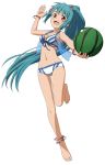  1girl anklet aqua_hair ball barefoot bikini bracelet feet food_print front-tie_bikini front-tie_top full_body hair_ornament hairclip high_ponytail holding holding_ball jewelry long_hair navel official_art open_mouth red_eyes see-through simple_background solo swimsuit sword_art_online toes very_long_hair watermelon_print white_background 
