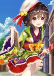 1girl absurdres bangs bell beret brown_hair building canvas_(object) clouds cowboy_shot day green_kimono hat highres japanese_clothes jingle_bell kimono looking_at_viewer miniskirt original paintbrush red_ribbon red_skirt ribbon short_hair skirt smile taishou tomboy user_symu3353 violet_eyes wide_sleeves yellow_ribbon 