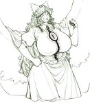  1girl breasts clenched_hand commentary commentary_request erect_nipples hair_ribbon hand_on_hip highres huge_breasts long_hair looking_at_viewer monochrome open_mouth reiuji_utsuho ribbon skirt smile solo space_jin standing third_eye touhou white_background wings 