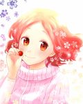  10s 1girl artist_request brown_hair floral_background food fruit highres multicolored multicolored_eyes okumura_haru persona persona_5 pink_sweater redhead ribbed_sweater short_hair solo sweater 
