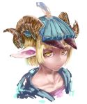  1girl bangs blonde_hair blue_hat blue_jacket blunt_bangs closed_mouth goat_ears goat_girl goat_horns hat horizontal_pupils horns jacket jaco looking_at_viewer monster_girl multiple_horns original pink_shirt portrait shirt short_hair simple_background sketch solo white_background yellow_eyes 