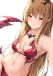  1girl bangs bare_shoulders bikini blush breasts brown_hair closed_mouth collarbone eyebrows_visible_through_hair granblue_fantasy hair_ornament half-closed_eyes light_smile long_hair looking_at_viewer lord_of_vermilion medium_breasts milia_(lord_of_vermilion) navel pointy_ears red_bikini sidelocks simple_background smile solo suzuame_yatsumi swimsuit upper_body very_long_hair white_background 