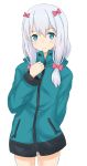  1girl arm_behind_back blue_eyes blue_sweater bow cowboy_shot eromanga_sensei eyebrows_visible_through_hair hair_between_eyes hair_bow highres izumi_sagiri linfa_lm long_hair looking_at_viewer pink_bow silver_hair simple_background smile solo standing sweater white_background 