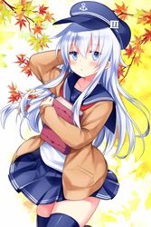  10s 1girl arm_up autumn_leaves bangs blue_eyes blue_hair blue_skirt blush book cardigan cowboy_shot eyebrows_visible_through_hair flat_cap hair_between_eyes hand_in_hair hat hibiki_(kantai_collection) highres holding holding_book kantai_collection leaf long_hair looking_at_viewer maple_leaf motohara_moka neckerchief open_cardigan open_clothes parted_lips pleated_skirt red_neckerchief school_uniform serafuku sidelocks skirt solo thigh-highs thighs 