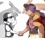  2boys cape charizard dark_skin facial_hair fire gen_1_pokemon handshake leon_(pokemon) monochrome multiple_boys pokemon pokemon_(creature) pokemon_(game) pokemon_rgby pokemon_swsh purple_hair red_(pokemon) ssalbulre stubble trait_connection yellow_eyes 