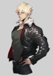  10s 1boy absurdres blonde_hair closed_mouth cropped_torso dark_persona fate/extra fate_(series) fur-trimmed_jacket fur_trim gawain_(fate/extra) grey_background hands_on_hips highres jacket leather leather_jacket looking_at_viewer male_focus ogata_tomio simple_background solo yellow_eyes 