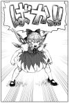  1girl cirno clenched_hands commentary commentary_request dress grass greyscale hair_ribbon ice ice_wings leaning_forward mary_janes monochrome open_mouth ribbon shoes short_hair shouting socks solo space_jin speed_lines standing touhou translation_request wings 