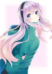  1girl absurdres aqua_sweater arm_behind_back black_hairband blue_eyes bow eromanga_sensei floating_hair from_side hair_between_eyes hair_bow hairband headphones highres hood hooded_sweater izumi_sagiri long_hair looking_at_viewer microphone pink_bow silver_hair solo sweater very_long_hair white_background 