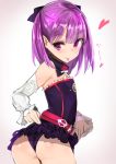  1girl ass bangs bare_shoulders black_panties blush closed_mouth detached_sleeves eyebrows_visible_through_hair fate/grand_order fate_(series) flat_chest frilled_sleeves frills heart helena_blavatsky_(fate/grand_order) highres long_hair looking_at_viewer muoto panties purple_hair smile solo thighs twisted_torso underwear violet_eyes 