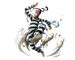  1boy arm_up black_hair clenched_teeth full_body galdino glasses hair_ornament one_piece pants runing shirt solo striped striped_pants striped_shirt teeth torn_clothes torn_pants torn_shirt transparent_background 
