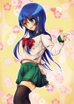  1girl :d bangs black_legwear blue blue_hair blush bow bowtie eyebrows_visible_through_hair eyes floating_hair flower grey_shirt hair_between_eyes highres long_hair midriff miniskirt navel open_mouth pleated_skirt red_bow saiki_kusuo_no_psi_nan school_uniform shirt skirt smile solo standing stomach teruhashi_kokomi thigh-highs tyeinn-suineryuu very_long_hair zettai_ryouiki 