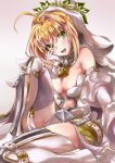  10s 1girl :d ahoge bangs bare_shoulders belt blonde_hair blush breasts chains cleavage fate/extra fate/extra_ccc fate_(series) gloves green_eyes highres large_breasts lock looking_at_viewer open_mouth padlock saber_bride saber_extra self_shot sitting smile solo thigh-highs urayama_(backmountain) veil white_gloves white_legwear zipper 