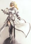  1girl absurdres armor blonde_hair blue_eyes braid fate/apocrypha fate/grand_order fate_(series) gauntlets green_eyes helmet highres holding holding_sword holding_weapon hometa long_hair ruler_(fate/apocrypha) sheath smile solo sword thigh-highs weapon white_legwear 